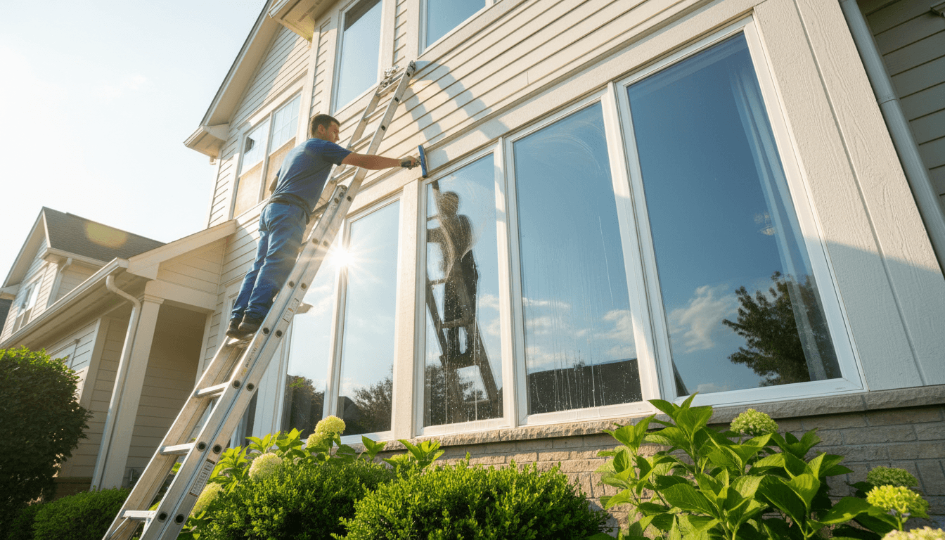 Professional window cleaner on ladder washing exterior windows of Naperville home in morning sunlight