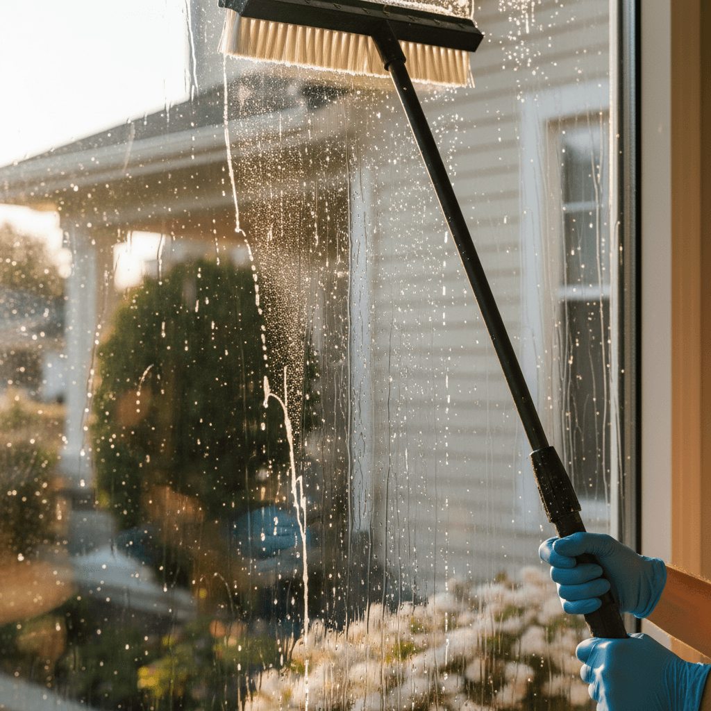 Professional window cleaning with water-fed pole system