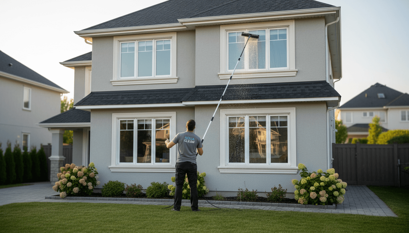 Professional window cleaner using a water-fed pole to wash exterior windows on a residential home