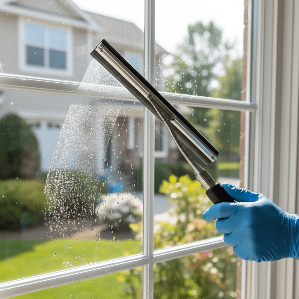 Window cleaner using water-fed pole on residential home exterior