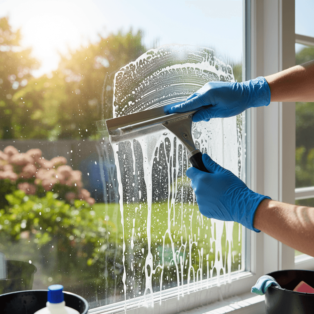 Close-up of hands cleaning a window with microfiber cloth
