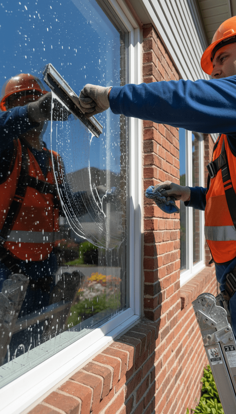 Window Warriors professional hand-washing exterior windows on a Naperville home