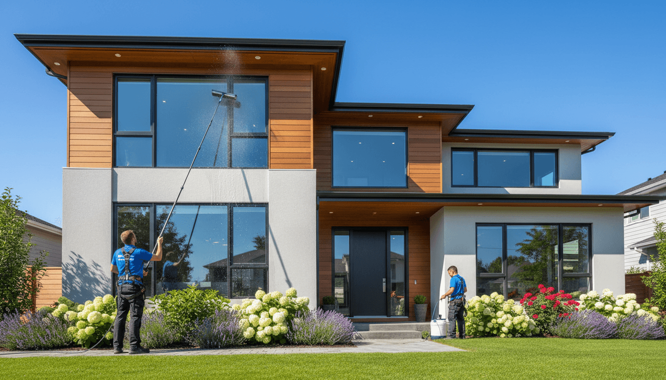 Window cleaner on ladder cleaning upper story windows of residential home