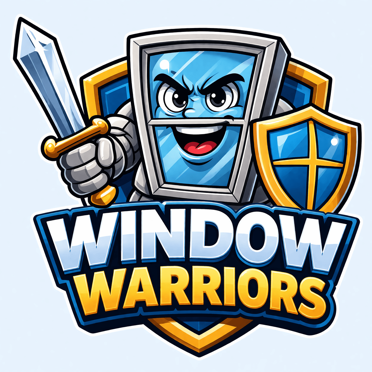 Cartoon window mascot holding a sword and shield above the stylized text Window Warriors.